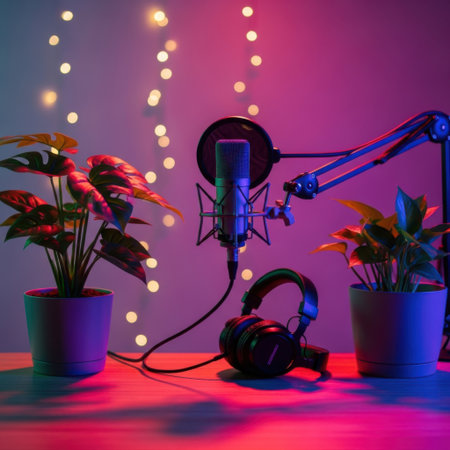 A creative podcasting studio featuring a professional microphone, headphones, potted plants, and decorative string lights, perfect for recording high-quality audio and engaging with an online audience.の素材