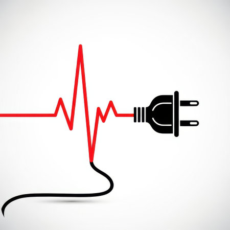 A graphic design featuring a red electrocardiogram line transforming into a black electrical cord and plug, presented isolated on white background.の素材