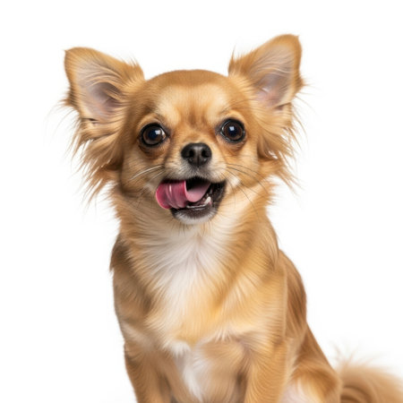 A cute fawn colored long haired Chihuahua puppy with its tongue slightly out, looking forward, isolated on a plain white background.の素材