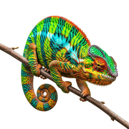 A brightly colored chameleon with intricate patterns rests on a branch, presented in sharp detail against a pure white background.の素材