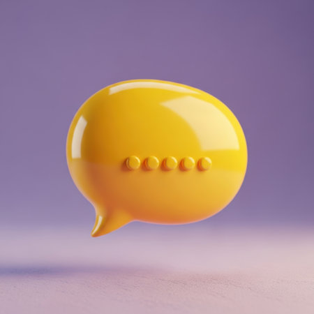 A vibrant 3D yellow speech bubble prominently displays a subtle message. Its smooth, rounded form and gentle curvature create a friendly and approachable feel, perfect for conveying ideas and dialogue.の素材
