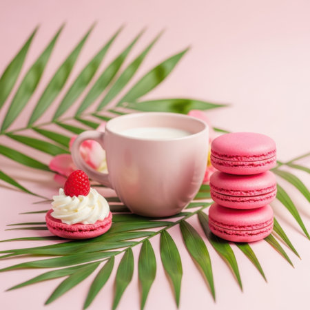 Indulge in this delightful scene featuring pastel pink macarons and a frothy beverage nestled amongst vibrant green palm leaves. A perfect pairing for a sweet moment.の素材