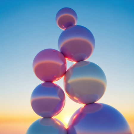 A visually striking arrangement of perfectly balanced, iridescent spheres stacked precariously. The smooth, reflective surfaces capture the warm hues of a sunset or sunrise, creating a peaceful and captivating abstract composition.の素材