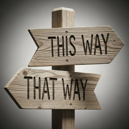 A rustic wooden signpost features two arrow-shaped signs. One points right, labeled 'THIS WAY,' and the other points left, labeled 'THAT WAY,' symbolizing choice and direction.の素材
