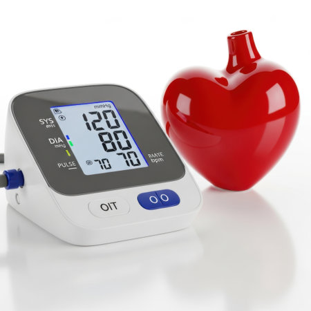 A modern digital blood pressure monitor and a vibrant red heart sculpture are presented isolated on a clean white background.の素材