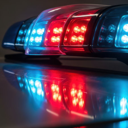 Close-up view of a row of bright red and blue emergency lights, reflecting on a glossy surface. The powerful illumination suggests urgency and law enforcement.の素材