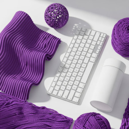 A stylish and inviting workspace arrangement with a modern white keyboard, soft purple knit textures, and decorative yarn balls, perfect for a creative or relaxing atmosphere.の素材