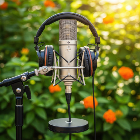 A high-quality condenser microphone mounted on a stand, adorned with professional headphones. The setup is situated outdoors, surrounded by vibrant green foliage and blooming orange flowers, suggesting an impromptu or atmospheric recording session.の素材