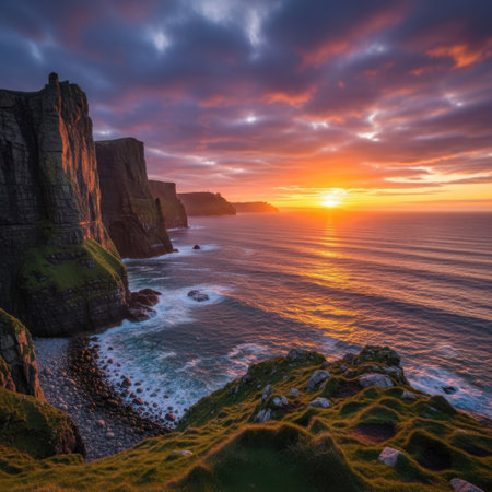 Experience the breathtaking beauty of a coastal sunset. Dramatic cliffs meet the sea as the sun dips below the horizon, painting the sky and ocean with vibrant hues of orange and purple.の素材