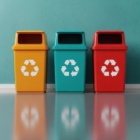 A visual representation of waste management and sustainability, featuring three distinctively colored bins designed for recycling and proper waste disposal. The bins are positioned neatly, highlighting their function.の素材