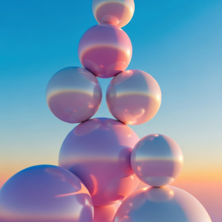 A stack of iridescent spheres captures the vibrant hues of a sunset, creating a visually soothing and abstract artistic composition with a minimalist aesthetic.の素材