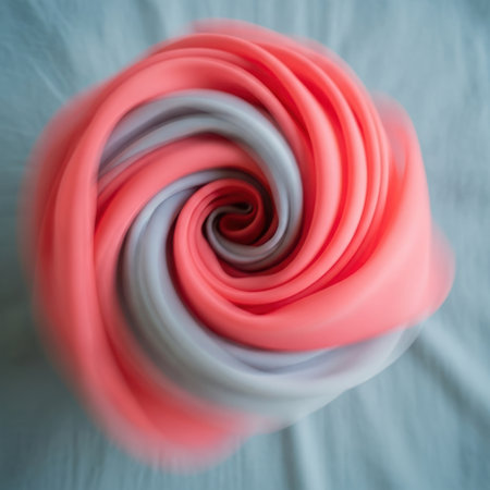 A close-up view of a soft fabric gracefully swirling into a tight spiral. The colors blend from vibrant coral to subtle gray, offering a visually appealing textured abstract design.の素材