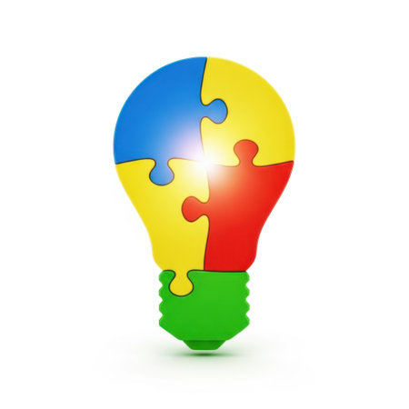 A vibrant light bulb concept formed from interlocking puzzle pieces in red, yellow, blue, and green, presented on a clean white background.の素材