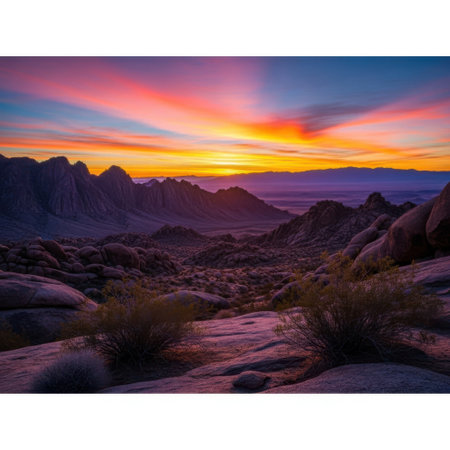 A breathtaking desert mountain vista bathed in the warm, vibrant hues of a setting sun. The sky explodes with color, casting a magical glow over the rugged terrain.の素材