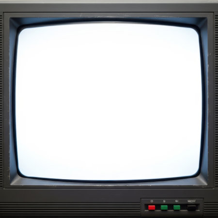 A vintage television set with a completely white screen, presented as an isolated object on a clean white background.の素材