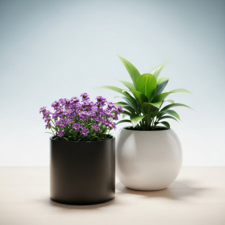 A charming arrangement featuring two distinct potted plants. One displays a vibrant cluster of purple flowers, while the other showcases lush green foliage, creating a beautiful indoor display.の素材
