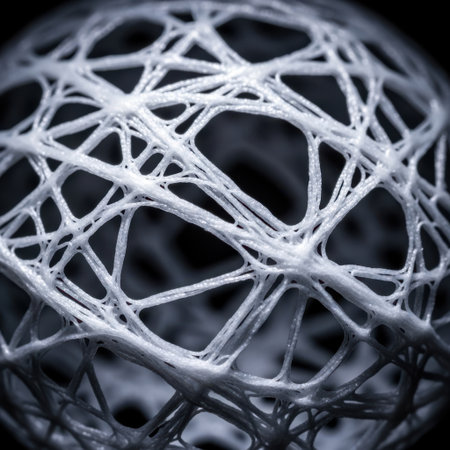 An intricate macro view reveals a complex web of white fibers creating a spherical structure. The detailed, interwoven pattern evokes a sense of organic growth and delicate construction.の素材