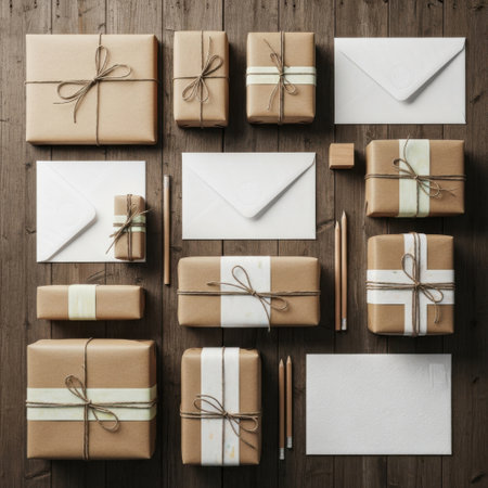 A top-down view showcases an assortment of gifts meticulously wrapped in kraft paper and tied with twine. Accompanying these are crisp white envelopes and cards, suggesting correspondence or invitations, all artfully arranged.の素材