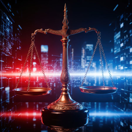 A striking visual metaphor for justice the classic scales of balance are bathed in contrasting red and blue neon lights against a backdrop of a modern city skyline, symbolizing the pursuit of fairness.の素材
