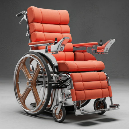 Experience superior comfort and mobility with this expertly designed wheelchair. Featuring plush orange padding and durable chrome accents, it offers exceptional support for everyday use and enhanced independence.の素材