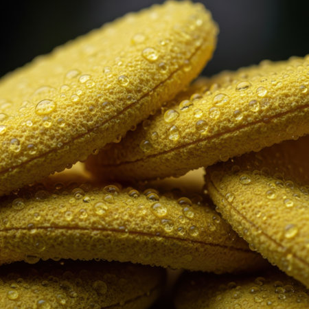 A vibrant close-up of ripe yellow bananas, glistening with tiny water droplets. This macro shot highlights the textured peel and the freshness of this popular tropical fruit, perfect for food and health themes.の素材