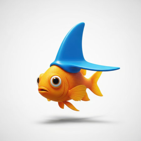 A charming orange goldfish with big eyes sports a vibrant blue shark fin hat, presented isolated on a clean white background.の素材