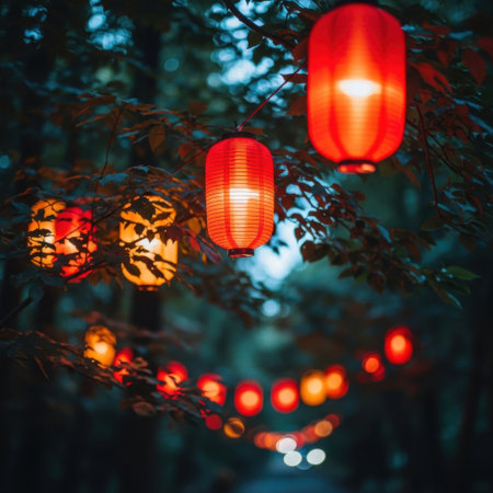 Experience the enchanting ambiance of a night illuminated by vibrant red lanterns and twinkling string lights. These glowing orbs, nestled amongst dark, leafy branches, create a magical and festive atmosphere perfect for celebrations.の素材