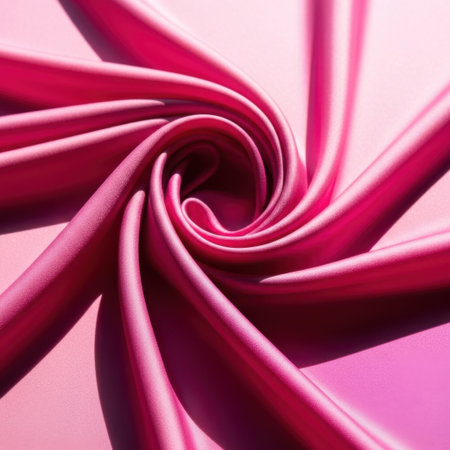 A close-up view of a rich fuchsia fabric artfully arranged in a swirling pattern, presented isolated on a clean white background.の素材