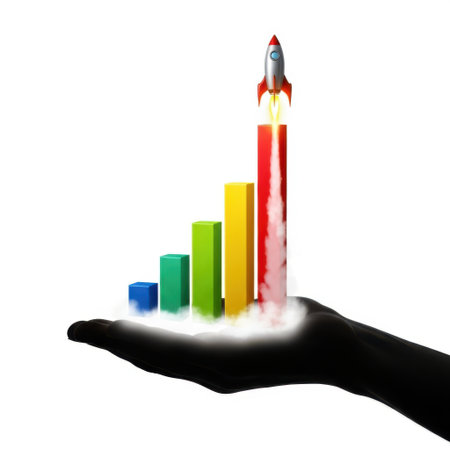 A dark silhouette of a hand supports a colorful bar graph that ascends, culminating in a rocket blasting off, all isolated on a white background.の素材