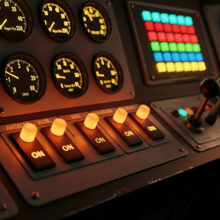 Detailed view of an intricate control panel featuring illuminated gauges, switches, and a colorful grid display. The vintage aesthetic suggests a sophisticated industrial or scientific apparatus.の素材