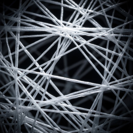 A close-up view reveals a dense, interwoven network of thin white fibers forming an abstract, crisscrossing pattern. The texture suggests a material or scientific subject.の素材