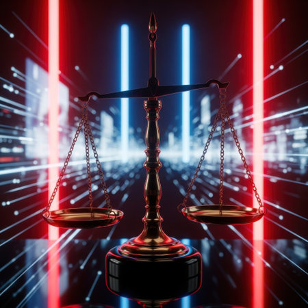Symbol of justice scales are dramatically positioned with vibrant red and blue neon light streaks radiating outwards against a blurred, futuristic cityscape backdrop.の素材