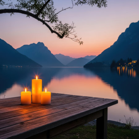 Experience the serene beauty of a tranquil lakeside at dusk. Glowing candles on a wooden table cast a warm light, reflecting on the calm water amidst majestic mountain silhouettes. A perfect moment of peace and natural wonder.の素材