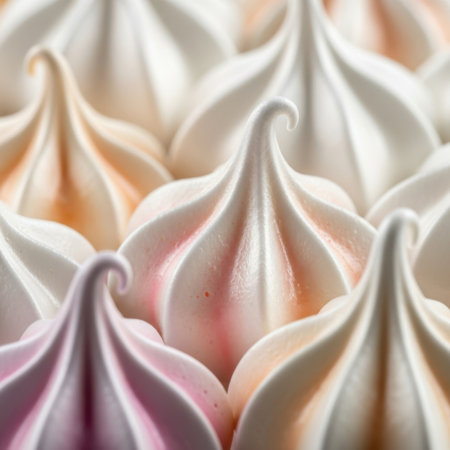 Indulge in the sweet delight of pastel meringue cookies captured in a close-up macro view. Their delicate swirls and soft colors evoke a sense of pure confectionery artistry.の素材