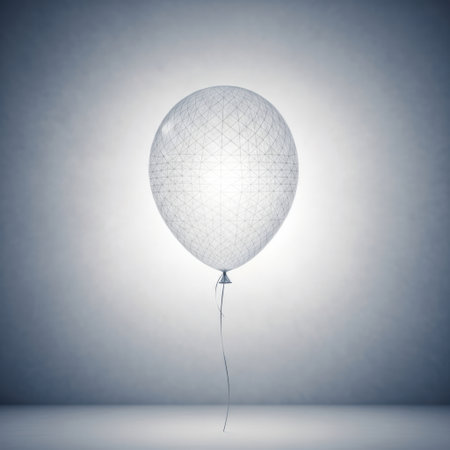 A solitary transparent balloon floats gently, illuminated by a soft spotlight. Subtle reflections on the floor add depth to this minimalist and airy composition, perfect for festive or celebratory themes.の素材