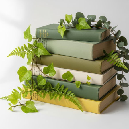 A collection of aged books in various muted green and cream tones, artfully arranged and draped with vibrant green plant leaves, presented on a clean white background.の素材