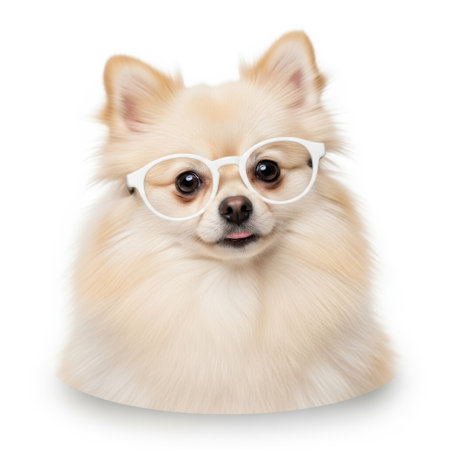 A charming fluffy Pomeranian dog is presented wearing stylish white framed glasses, isolated on a clean white background.の素材