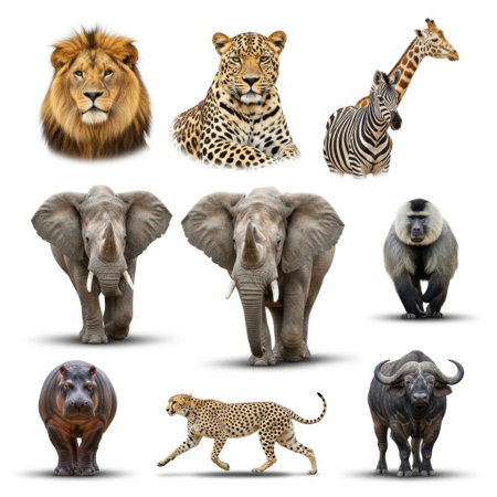 A diverse assortment of African wildlife creatures presented individually against a clean white background.の素材