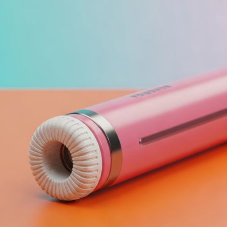 A detailed macro view of a modern pink hair curler, showcasing its textured grip and shiny metal ring. The beauty tool rests on a warm peach-toned surface with a soft teal background.の素材