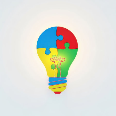 A vibrant light bulb silhouette constructed from interlocking puzzle pieces in various bright colors, presented on a clean white background.の素材