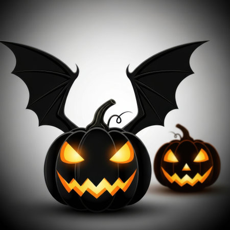 Two carved Jack-o'-lanterns with menacing glowing eyes and mouths, one featuring large black bat wings. Perfect for autumn festivals, haunted houses, and scary party decorations.の素材