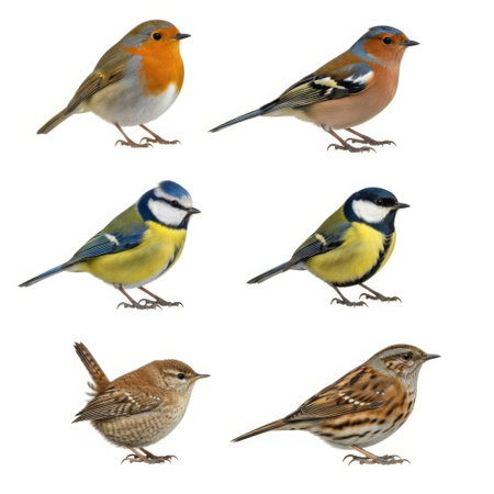 A compilation of six distinct small European garden birds, each presented separately against a clean white background.の素材