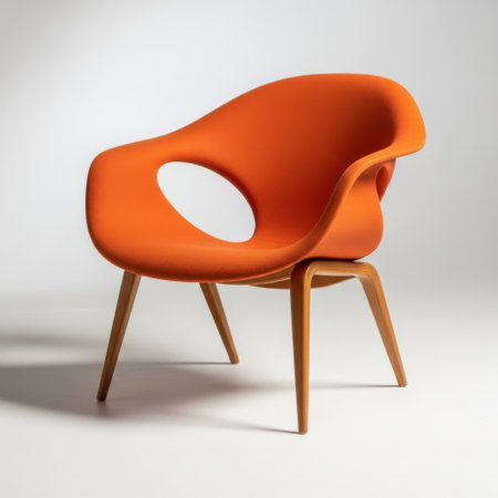 A striking orange Womb chair featuring a distinctive cutout and elegant natural wood legs. This iconic mid-century modern piece offers comfort and sophisticated style for any contemporary living space.の素材