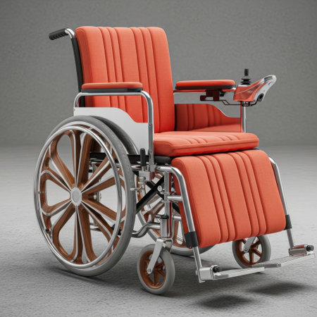 A detailed view of a modern, bright orange wheelchair, showcasing its comfortable seating and robust wheel design. This chair is built for enhanced mobility and accessibility.の素材