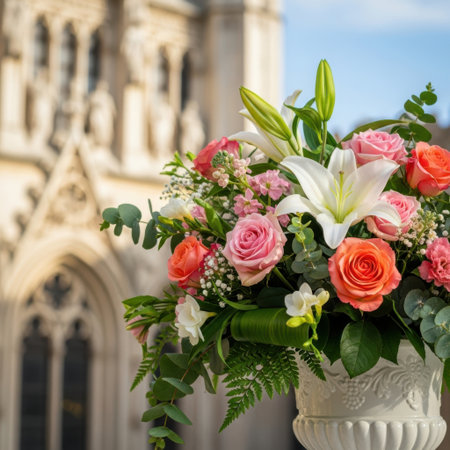 A beautifully arranged floral bouquet featuring delicate pink roses, white lilies, and lush greenery. The soft focus background hints at a grand architectural setting, perfect for a wedding or special event.の素材
