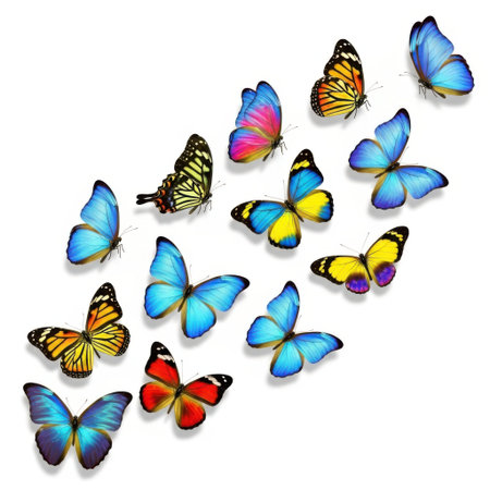 Numerous colorful butterflies with detailed wing designs are presented individually on a clean white background.の素材