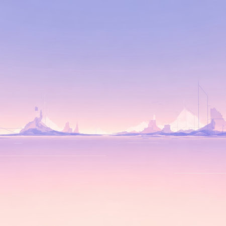 Experience tranquility with this calming pastel landscape. Soft hues of purple, pink, and yellow create a dreamlike atmosphere, featuring subtle mountain outlines and a peaceful horizon line.の素材