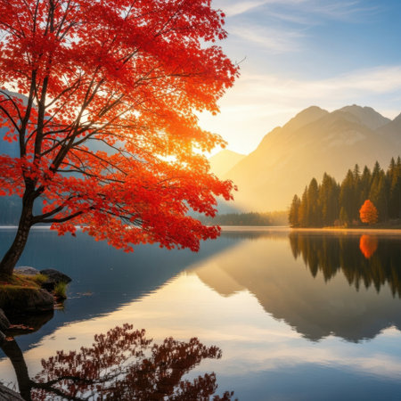 A stunning landscape capturing the essence of autumn with a fiery red tree by a tranquil lake. The setting sun casts a golden glow on mountains and their perfect reflection in the water.の素材