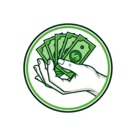 A stylized illustration of a hand holding several green paper bills, presented as a circular graphic isolated on a white background.の素材