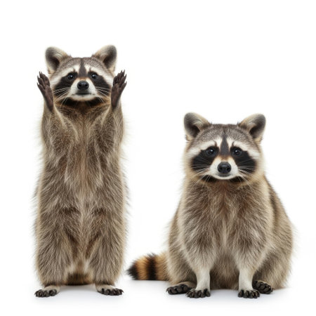 A charming pair of raccoons presented individually on a clean white background, showcasing their distinctive markings and curious expressions.の素材